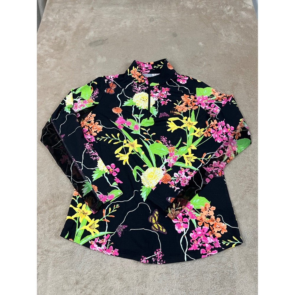 IBKUL Willow Print 1/4 Zip Mock Neck Top Women's S Multi-color Nylon L/S EUC